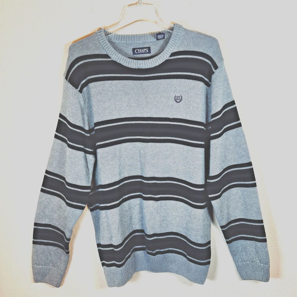 CHAPS Mens Gray Navy Pullover Large Crew Neck Striped Knit Long Sleeve Sweater
